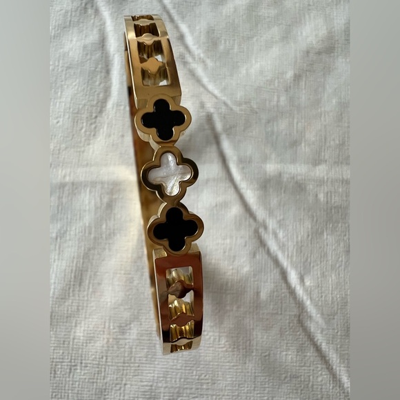 Gold-Tone Hinged Bracelet with Enamel and White Flower Accent - Picture 2 of 5